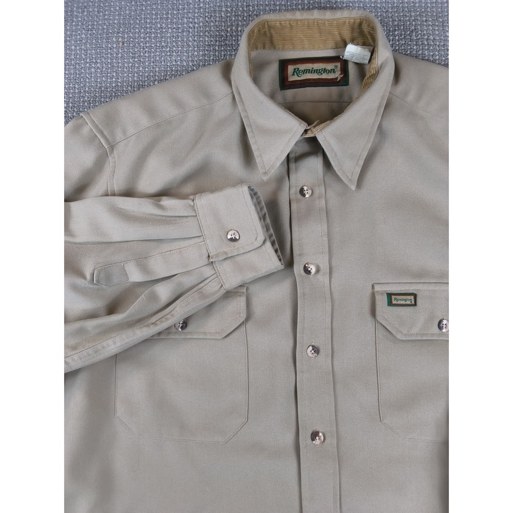 Vintage Remington Corduroy Trim Hunting Work Shirt Beige Khaki - Size XL